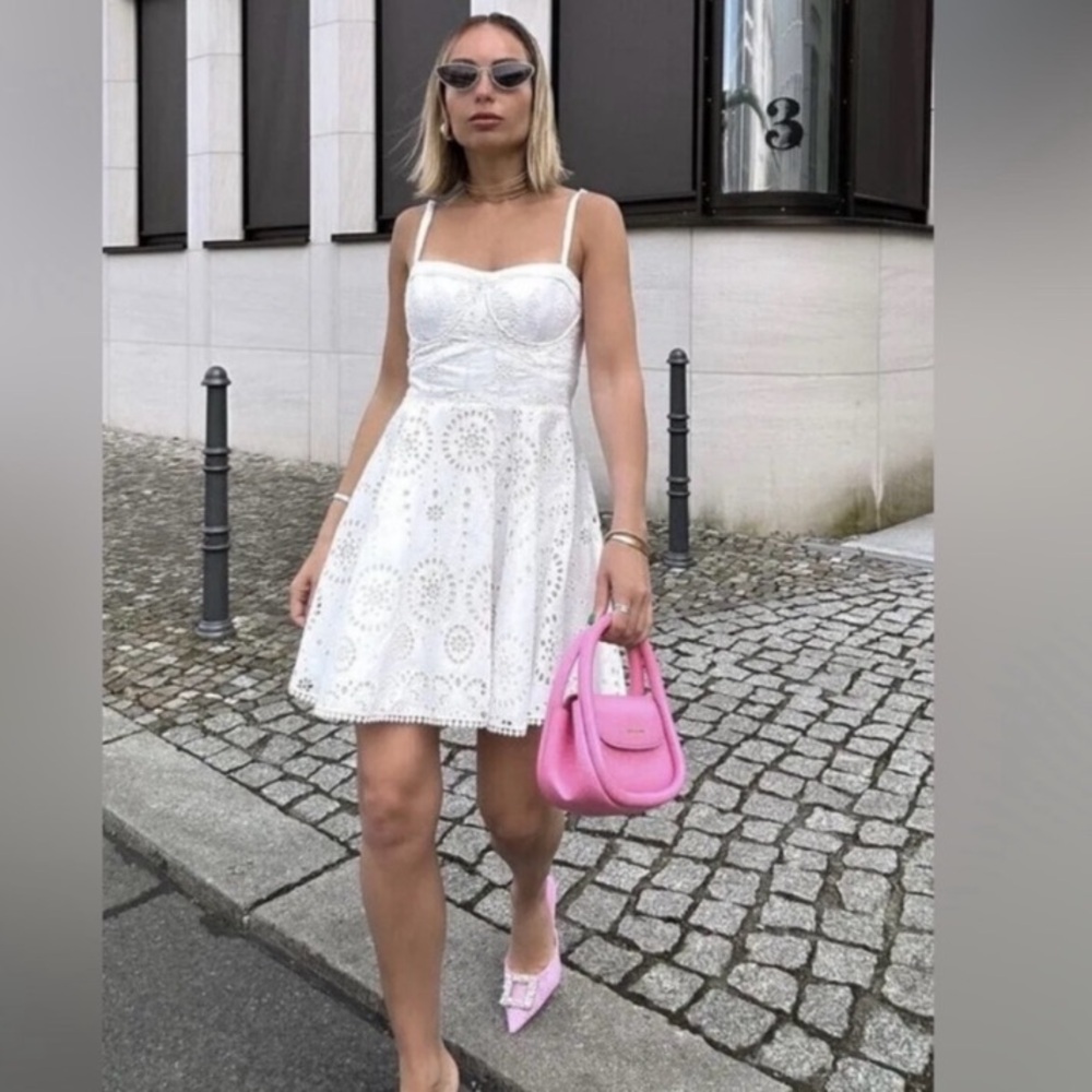 ZARA EMBROIDERED EYELET MINI DRESS White Medium